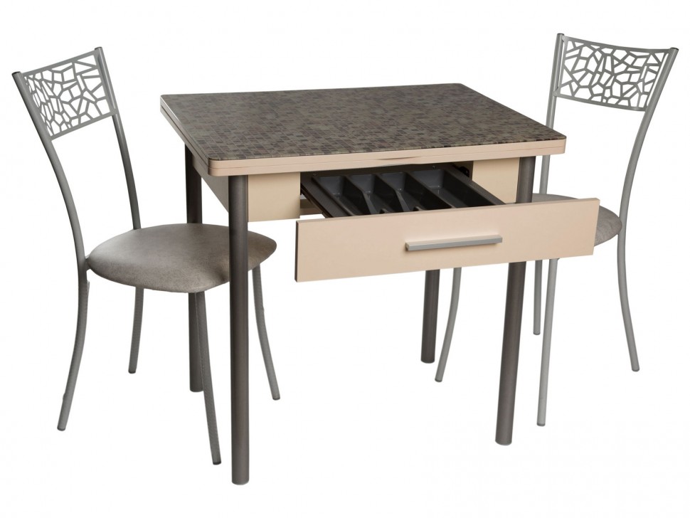 Кухонный стол DP-010306101 Стол ДП1-03-06 800х600 (1200) М37 "Милагро" стекло "Мозаика бежевая"/крем, Ноги для стола прямые (металлик)