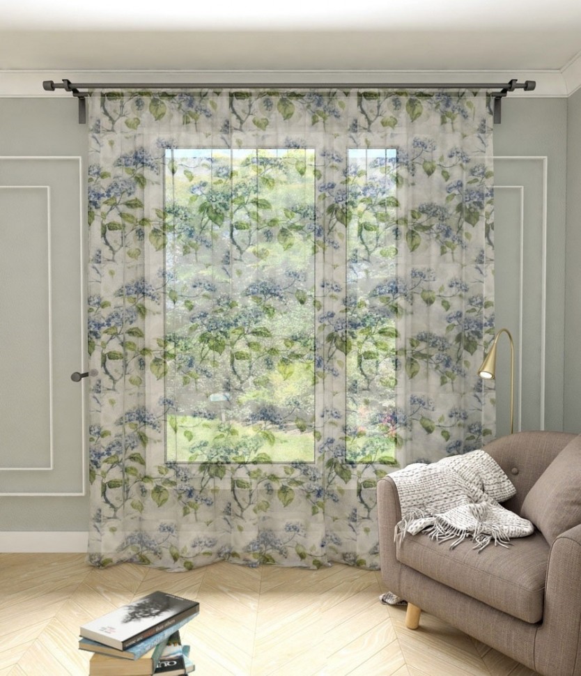 Тюль Вуаль Цветы гортензии голубой-зеленый/белый