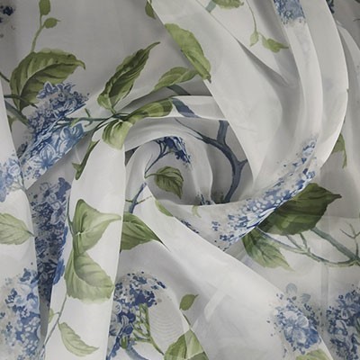 Тюль Вуаль Цветы гортензии голубой-зеленый/белый